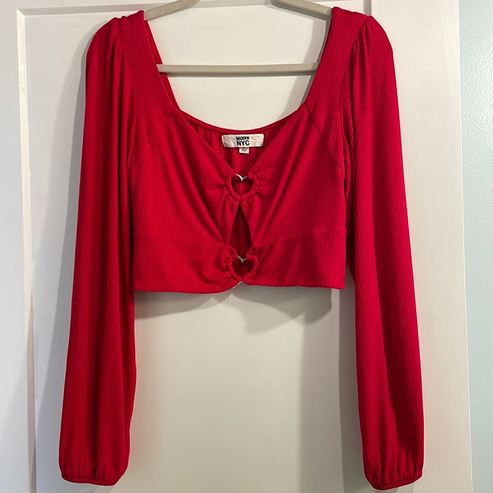 Madden Girl Red Rib Knit Crop Top Silver Heart Detail Front Closure LS Size Lg